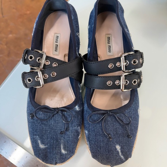Miu Miu Shoes - Miu Miu Rare Denim Double Buckle Espadrille Platform Mary Jane Flats EU 40.5